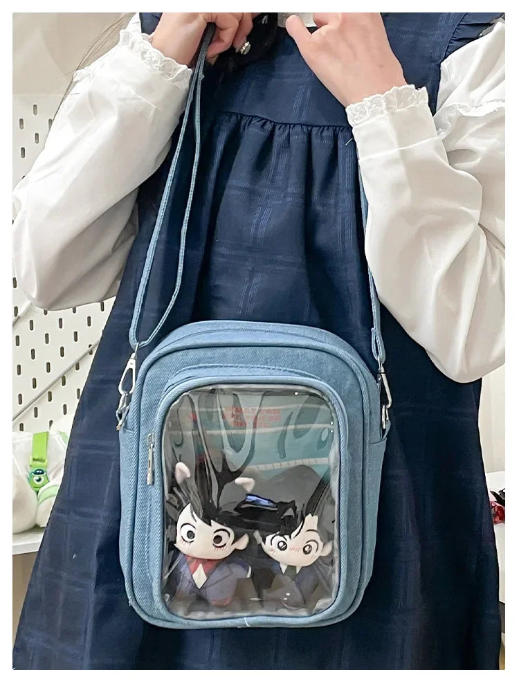 New Denim Ulzzang Ita Bags Female Transparent Badge Doll Show Crossbody Shoulder Bag Individuality Designer 2 Sides Bolso Mujer