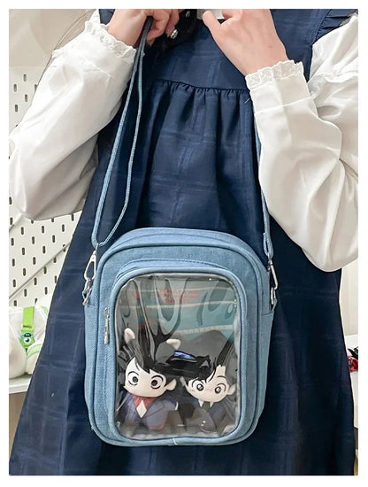 New Denim Ulzzang Ita Bags Female Transparent Badge Doll Show Crossbody Shoulder Bag Individuality Designer 2 Sides Bolso Mujer