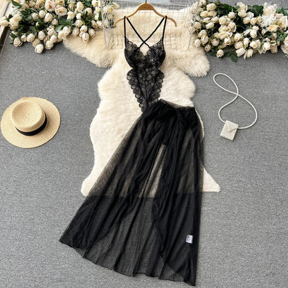 Summer Girls Sexy Hot Sweet Transparent Suspender Mini Dress Women Elastic Waist And Backless Strap Lolita Pajamas Bubble Skirt