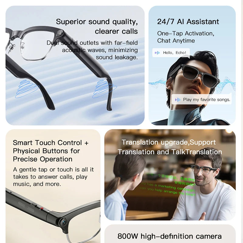 New Smart Glasses Take Photos and Videos Real-Time Translation Voice Assistant Translation 2GB Memory 800W Camera Smart Glasses