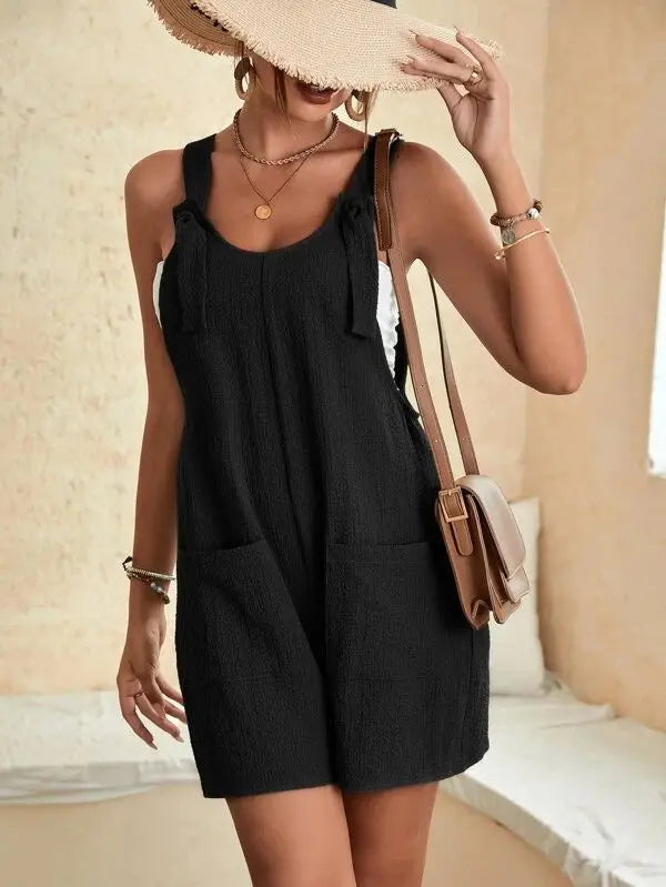 Women's Casual Summer Short Rompers Loose Overall Solid Sleeveless Lace up Wide Leg Pant Tie Knot Strap Jumpsuits with Pockets