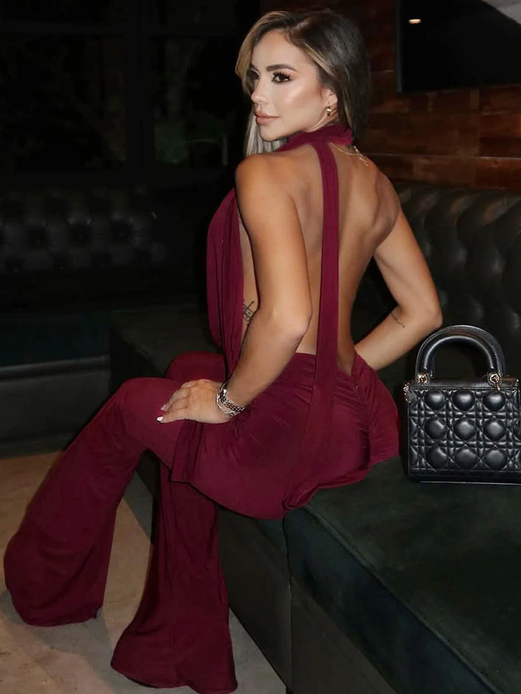 Dulzura Summer Solid Sexy Halter Swinging Collar Backless Slim Lace Up Flared Jumpsuit Women'S Fashion Elegant Party Club Romper