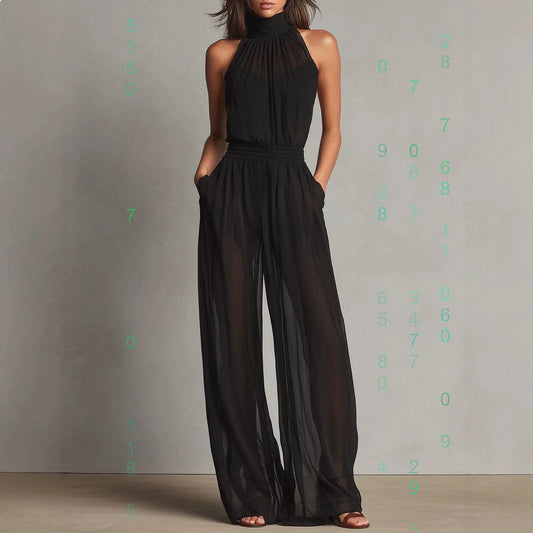 Womens Jumpsuits Summer Elegant Chiffon Sleeveless High Neck Backless Wide Leg Pants Jumpsuit Playsuit
