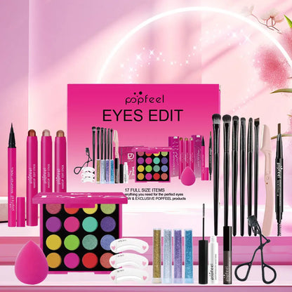 Essential Eye Makeup Set for Beginners Matte&Shimmer Eyeshadow Palette, Mascara, Eyebrow Pencil, Lip Eyeliner,Brush Tool Set Box