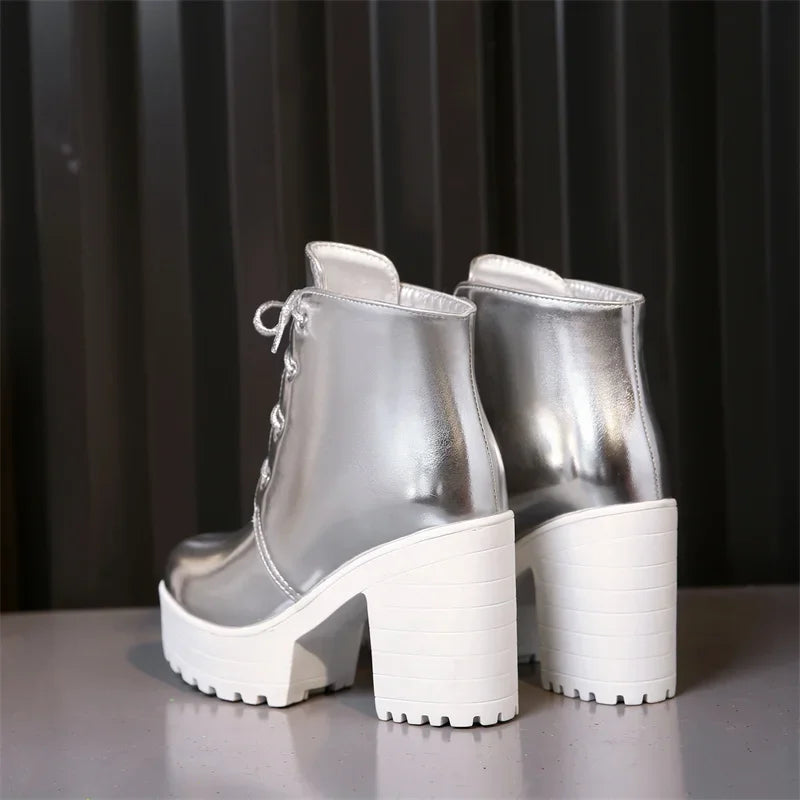 British Silver Gold Ankle Boots Women High Chunky Heels Dress Lady Round Toe Lace-up Spring Autumn Vintage Platform Short Boots