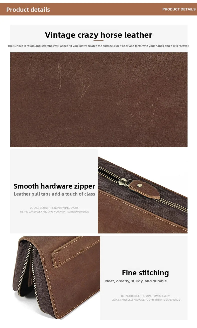 Men's Clutches Long Handbag Business Vintage Cow Leather Man Long Wallet For Men And Woman Oil Wax Zipper Bag Purse
