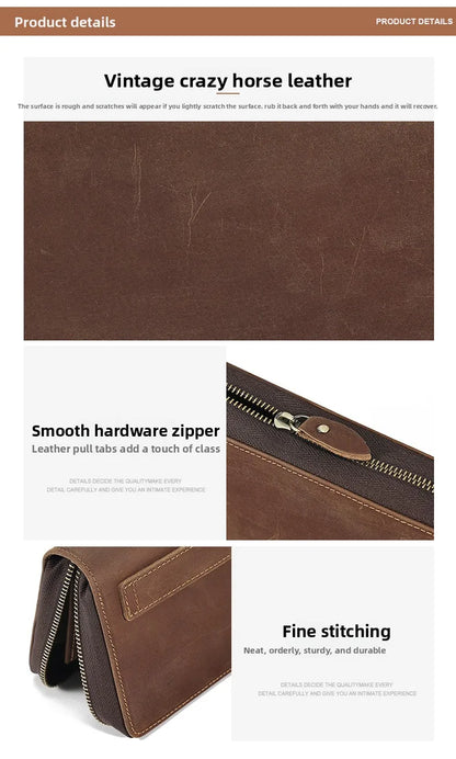 Men's Clutches Long Handbag Business Vintage Cow Leather Man Long Wallet For Men And Woman Oil Wax Zipper Bag Purse