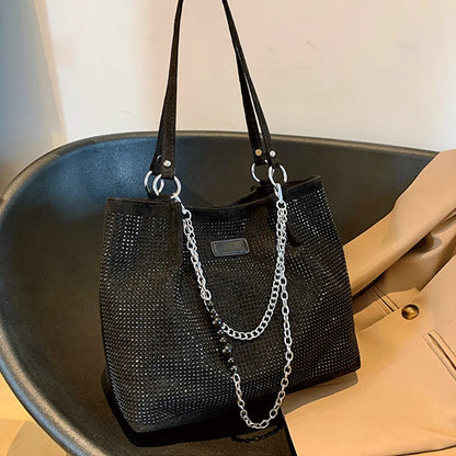 2024 Fashion Women Bling Diamonds Handbag Large Capacity PU Leather Big Totes Designer Female Chain Shoulder Bags Shopping Bags