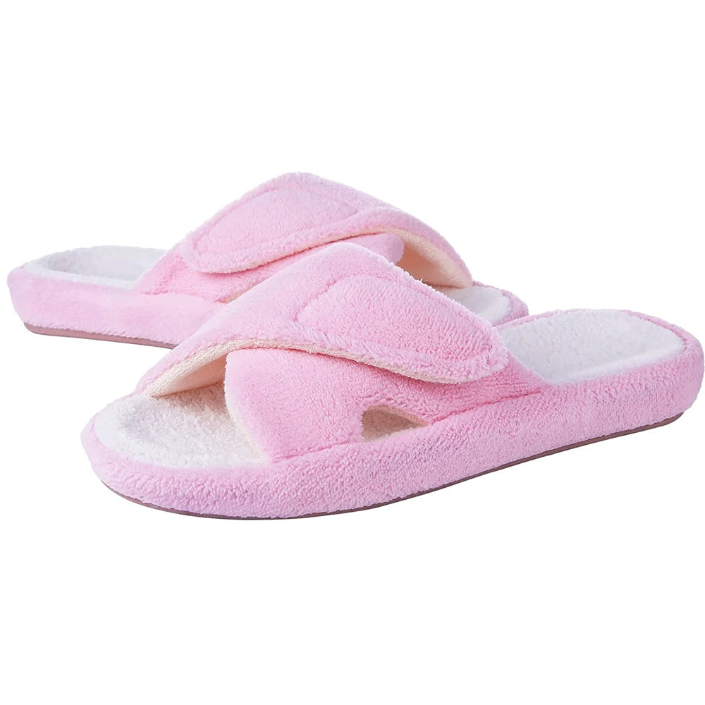 Smile Popcorn Women Adjustable Cross Strap Slippers Soft Fleece Two-tone Open Toe Non Slip Cozy Memory Foam Indoor House Slides