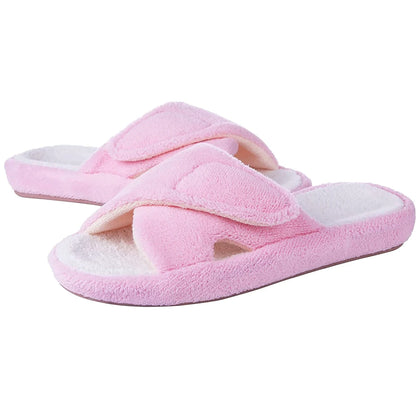 Smile Popcorn Women Adjustable Cross Strap Slippers Soft Fleece Two-tone Open Toe Non Slip Cozy Memory Foam Indoor House Slides