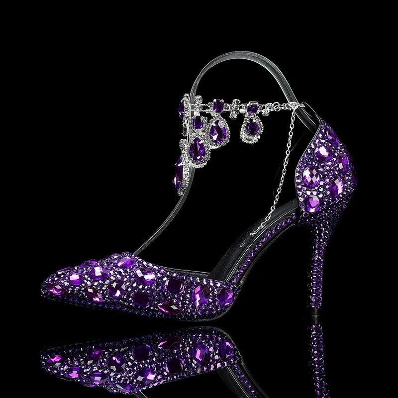 2024 Autumn Slim Heels Shallow Mouth Luxury Blue Water Diamond Pearl Women Single Shoes 9CM Wedding Party Shoes Sandalias Mujer