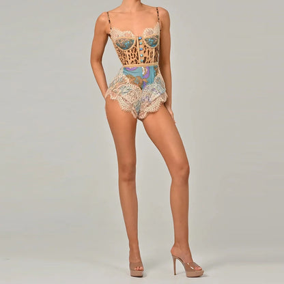 Women Elegant Lace Patchwork Print Party Romper Casual Sleeveless Slim Vacation Playsuit Sexy Off Shoulder Summer Short Jumpsuit