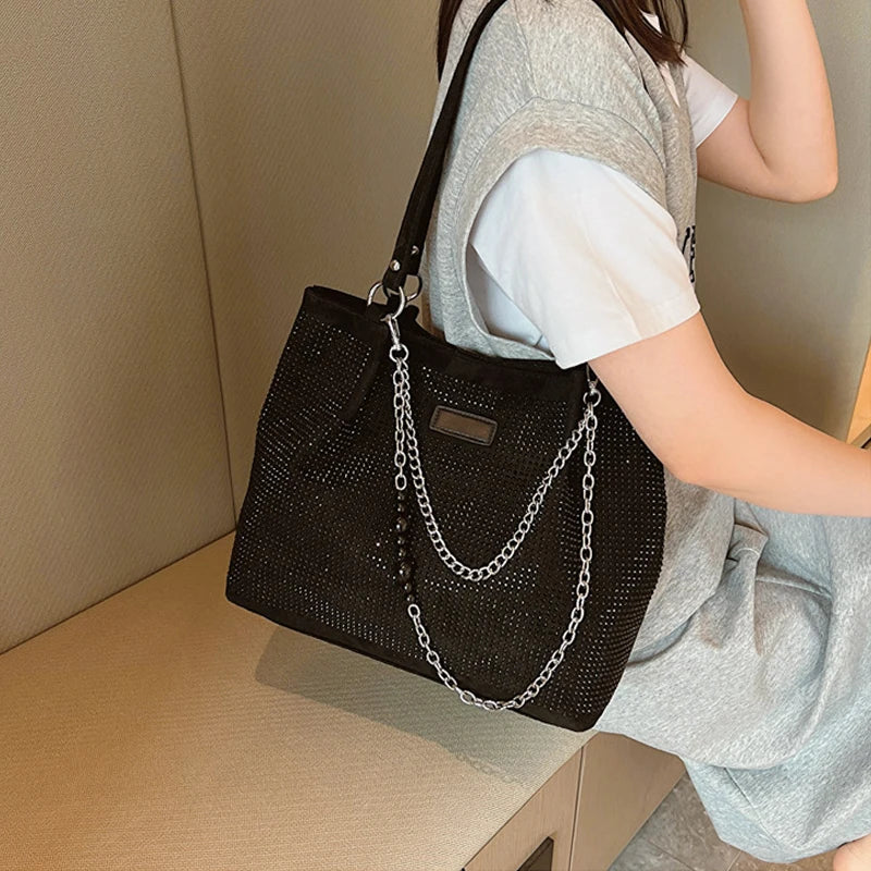 2024 Fashion Women Bling Diamonds Handbag Large Capacity PU Leather Big Totes Designer Female Chain Shoulder Bags Shopping Bags