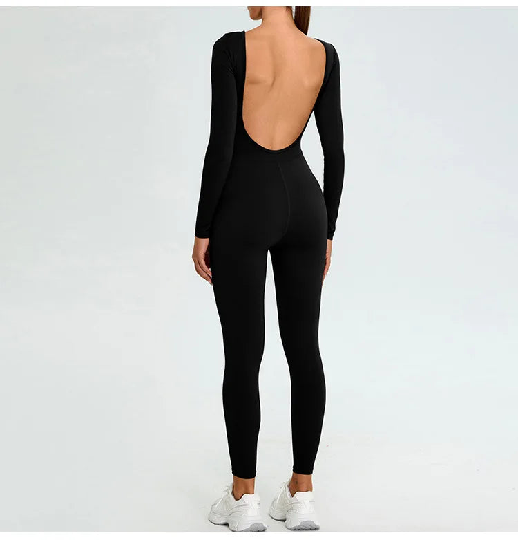 New Summer Sexy V Back Gym Sports Jumpsuit Yoga Clothes Rompers Women Long Sleeveles Workout Bodysuits Backless One-piece Suit