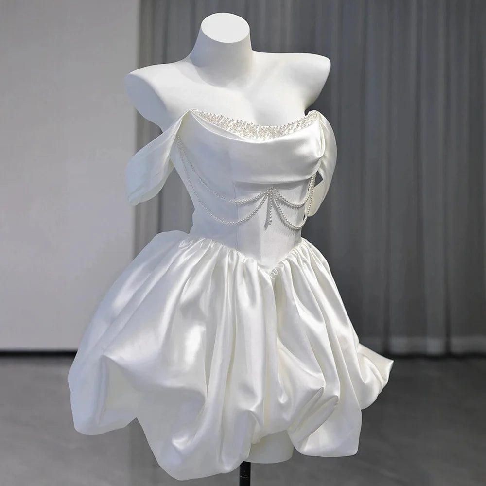 Korea Mini Short Wedding Party Dresses Wedding Photoshoot Strapless Beaded Taffeta Bolero Bride Gowns Corset Back Customized
