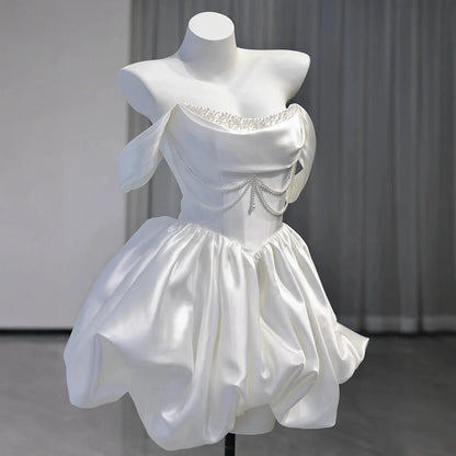 Korea Mini Short Wedding Party Dresses Wedding Photoshoot Strapless Beaded Taffeta Bolero Bride Gowns Corset Back Customized