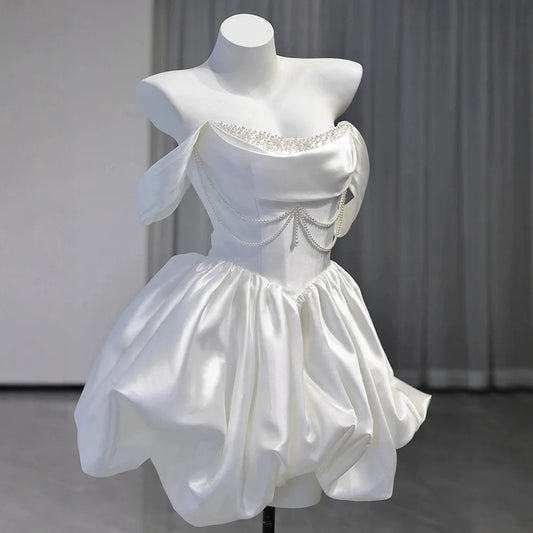 Korea Mini Short Wedding Party Dresses Wedding Photoshoot Strapless Beaded Taffeta Bolero Bride Gowns Corset Back Customized