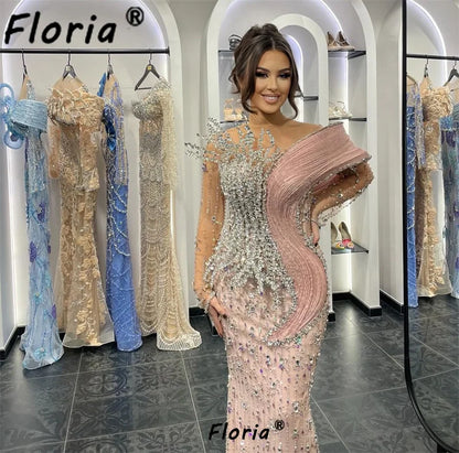 Luxury Fully Crystals Party Dresses Stunning Beads Mermaid Evening Celebrity Prom Gowns Pink Dubai Long Customized Robes Soirée
