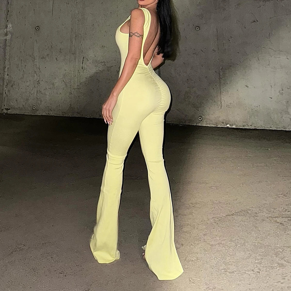Women's slim fit solid color bell bottom pants sexy suspender jumpsuit pants