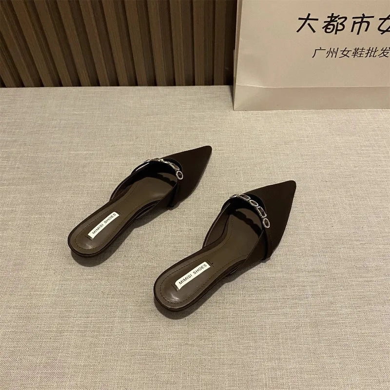 2025 New Luxury Fashion Rhinestones Ladies Heeled Slippers Sandals Shoes Female Low Heel Slides Slippers Shoes for Women Mules