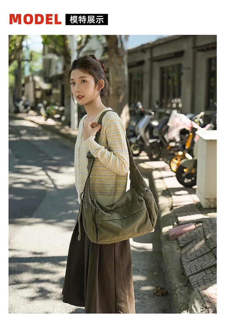 100% Cotton Shoulder Bags Women Large Capacity Canvas Tooling Packages Korea Style Cloth Crossbody Bags Solid Messenger Bags