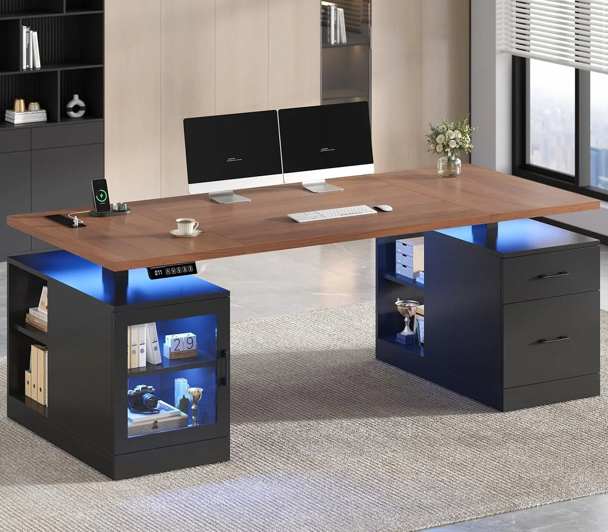 71 in Executive Standing Desk, Electric Height Adjustable Desk with Storage Drawers, Glass Cabinet, Shelves, Power, Customized