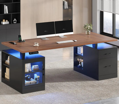71 in Executive Standing Desk, Electric Height Adjustable Desk with Storage Drawers, Glass Cabinet, Shelves, Power, Customized