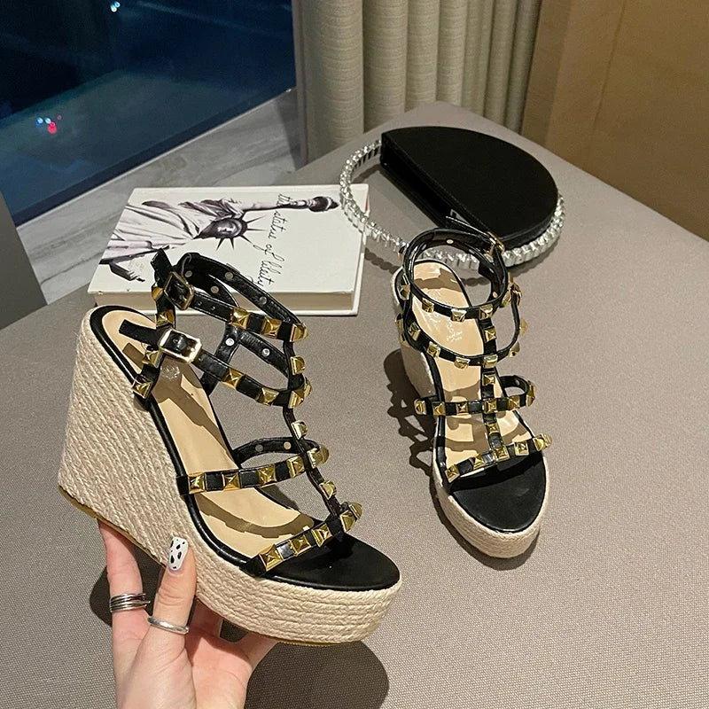 Rivet Wedges Women Sandals Open Toe Ankle Buckle Strap Ladies Platform Wedges Sandals High Heels Roman Rattan Grass Woven Shoes