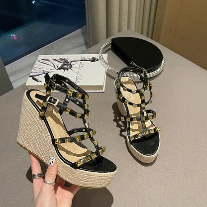 Rivet Wedges Women Sandals Open Toe Ankle Buckle Strap Ladies Platform Wedges Sandals High Heels Roman Rattan Grass Woven Shoes