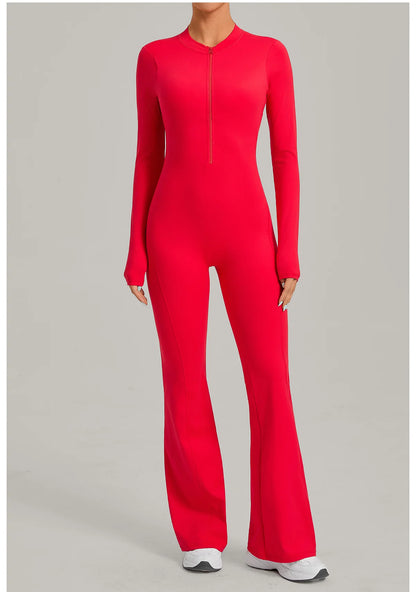 Women Long Sleeve Zip Yoga Bodysuit Cutout Back Scrunch Butt Lift Tummy Control Sweat Wicking Fabric Gym Workout Flare Jumpsuit