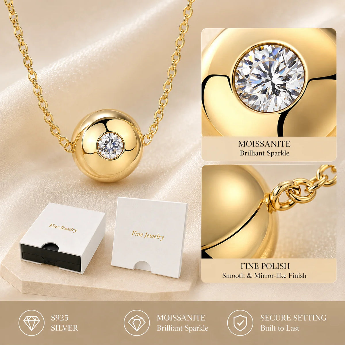 Moissanite Pendant Necklace for Women and Men S925 Sterling Silver Gold Plated Round Disc 0.1CT Minimalist Jewelry D Color VVS1