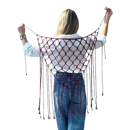 Bohemian Netted Fringe Scarf Handwoven Bikini Women Mid Waist Skirt Ethnic Design Mesh Tassel Waistband Decorative Butt Curtain