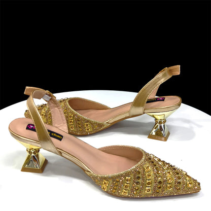 2025 Shiny Italian Fashion Pointed Toe Women Heel Fashion Rhinestone Decoration Fuchsia Color Shoes And Bag Set