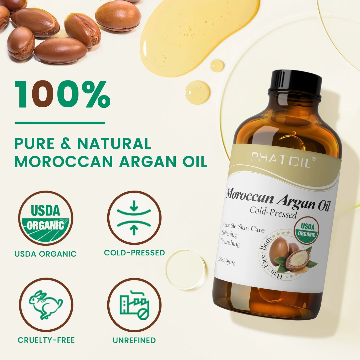 PHATOIL 118ml Moroccan Argan Oil Jojoba Oil For Skin & Hair Care Cold Pressed USDA 100% Pure Carrier Oils Body Massage Oils