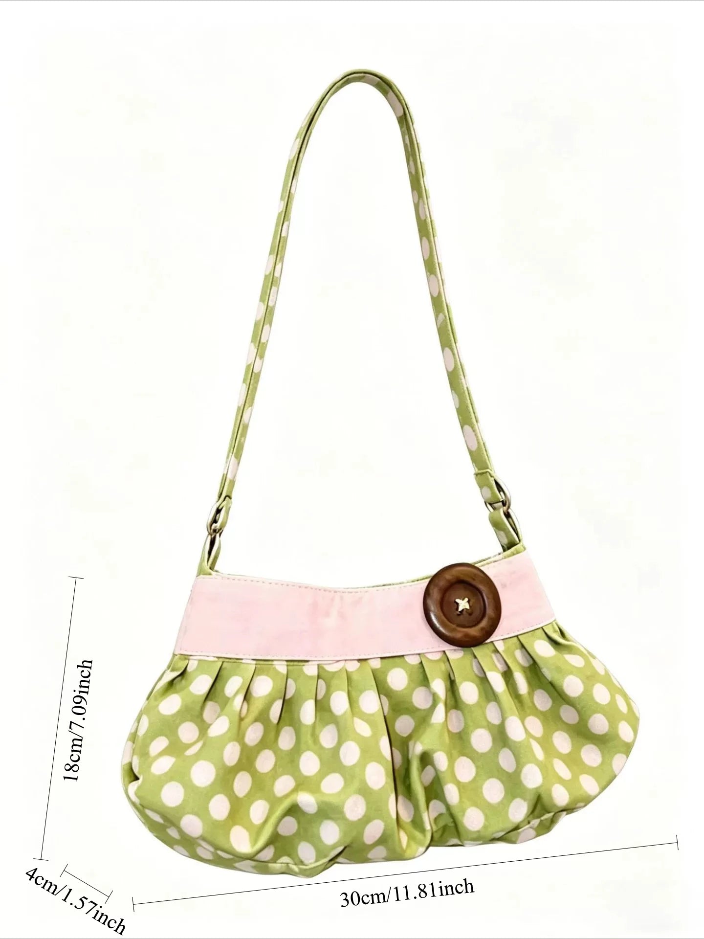 Pleated Design Dumpling Bag Retro Polka Dot Wooden Button Decor Handbag Soft Striped Shoulder Bags Pattern Casual Commuter Bag