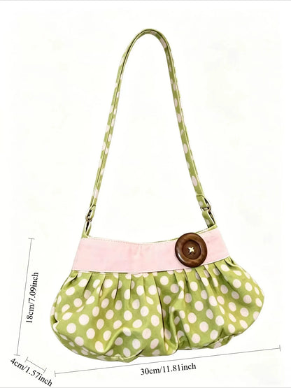 Pleated Design Dumpling Bag Retro Polka Dot Wooden Button Decor Handbag Soft Striped Shoulder Bags Pattern Casual Commuter Bag