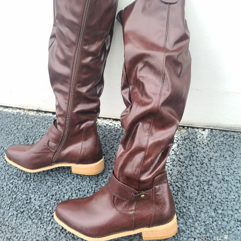 Women's Boots Suede Mid-Calf Boots Low Heel Side Zip Women Casual Shoes Autumn Winter Knee High Boot Retro Plus Size Long Boots