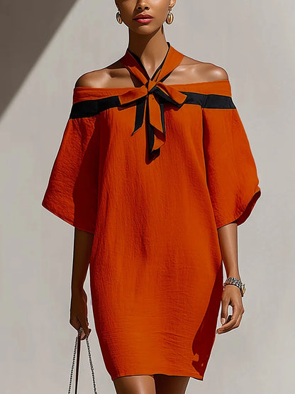 Elegant Temperament Women's Color Blocked Off Shoulder One Shoulder Summer Bow Collar Decorated With Bat Sleeves Mini Dress New