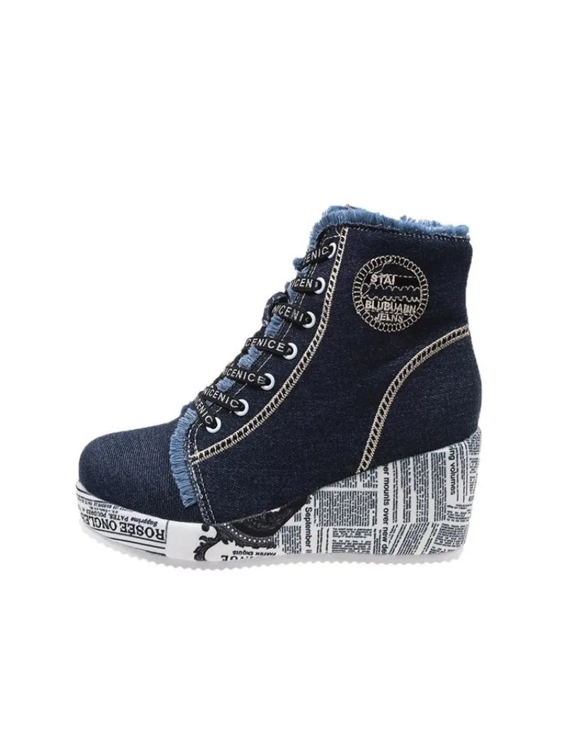 Women's Wedge Sneakers High Top Round Toe Denim-Look Lace-Up Side Zipper Letter Print Detail Casual Platform Ankle Boots 2026