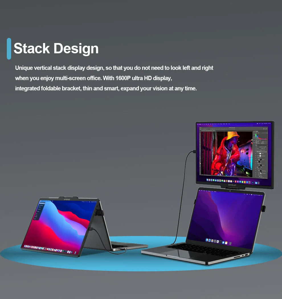 ZEUSLAP 16" Floatable Stacked Portable Monitor QHD 2560*1600P 400Nits 16:10 IPS Panel for Laptop Notebook Second Screen Display