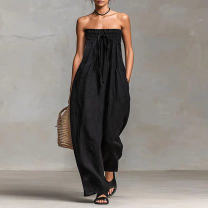 Bohemian Casual Solid Wide Leg Pants Jumpsuit Woman Spring Sexy Strapless Backless Hollow Rompers Summer Lace-up Draped Overalls