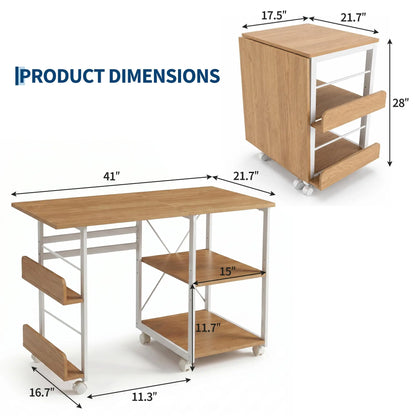 41inch Folding Computer Desk with Wheels, Space-Saving Mobile Home Office Writing Table, Storage Shelf, Side Organizer, Locking Rolling Casters