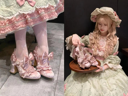 Sweet Lolita Women High Heels Luxury Designer Court Style Velour Bowknot Princess Dress Shoes Elegant