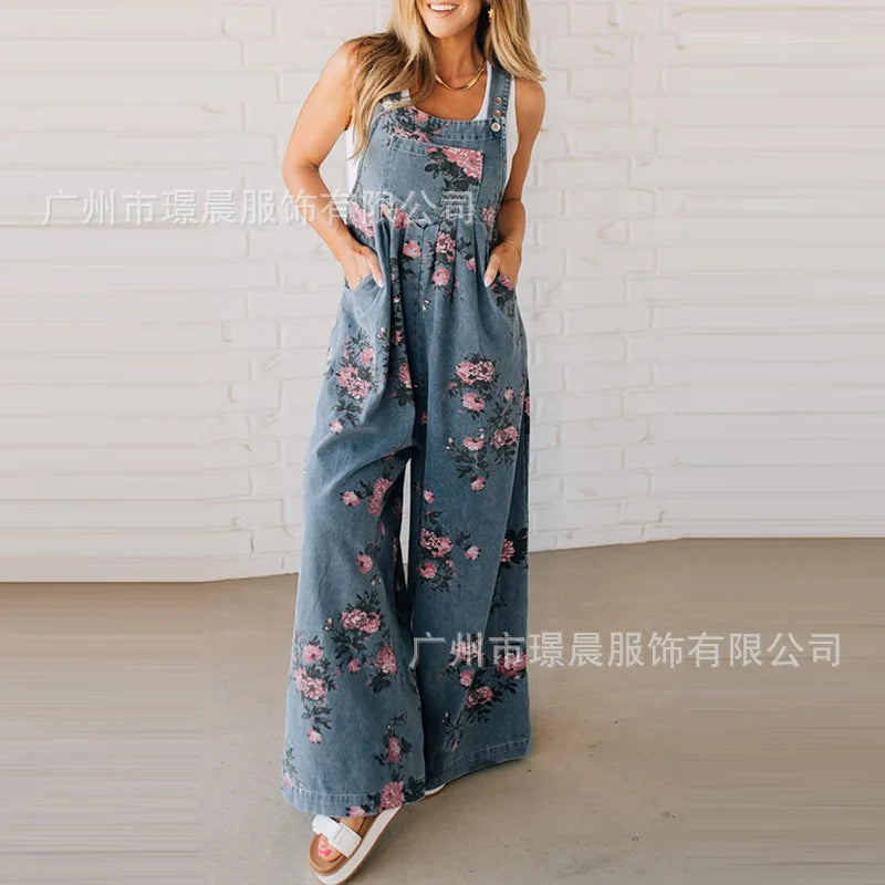 New Summer Women's Fashion Printed Wide-leg Strap Jumpsuit For Women Elegant Loose Party Holiday Casual Jumpsuits Rompers