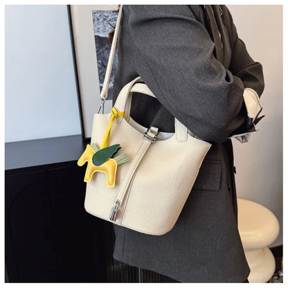 Fashion Vegetable Basket Bucket Bag Women's Autumn New Lychee Pattern Shoulder Bag Simple Solid Color Niche Messenger Bag