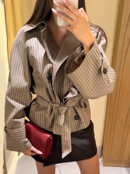 Plaid Cropped Trench Coat Lapel Collar Double Breasted Belted Waist Long Sleeve Women All-match Coats 2026 Autumn Commute Outfit