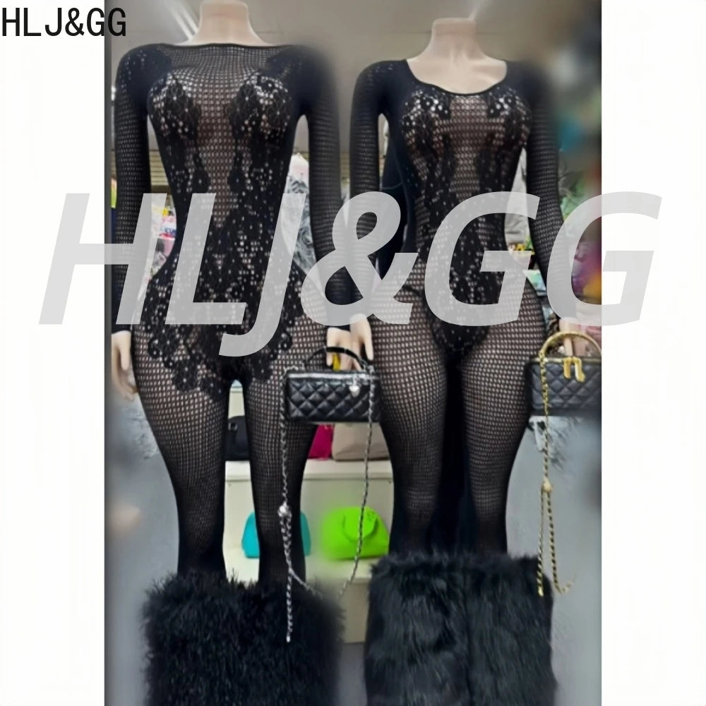 HLJ&GG Black Sexy High Quality Stretchy Knit See Though Bodycon One Piece Jumpsuits Women Long Sleeve Slim Playsuits Streetwear