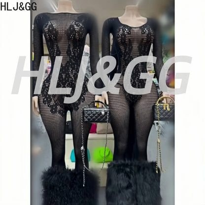 HLJ&GG Black Sexy High Quality Stretchy Knit See Though Bodycon One Piece Jumpsuits Women Long Sleeve Slim Playsuits Streetwear
