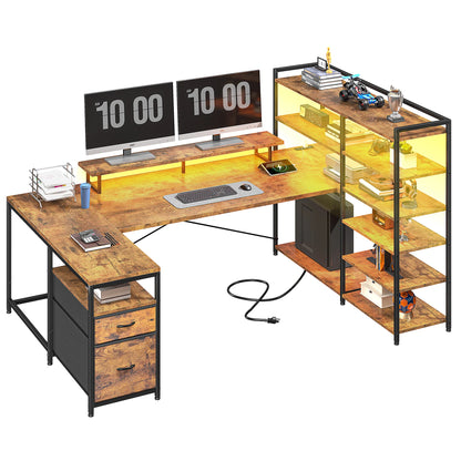 Computer Desk with 6 Storage Shelves & Fabric Drawers 63"L Shaped Gaming Desk with Power Outlet, LED Strip & Monitor Stand