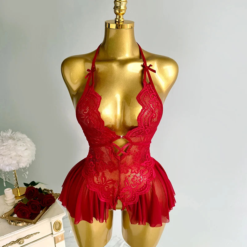 Sexy Crotchless Lingerie Women Lace Hollow Bodysuit Pajamas Teddy Babydolls Deep V Underwear